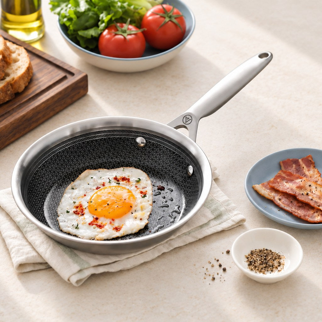 Spejlæg i stegepande i 3-Ply Hybrid med bacon og brød på lys sten