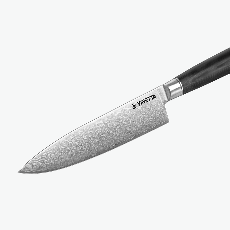 Damaskmønster på klingen af Shōjin Suna kokkekniv, tæt på