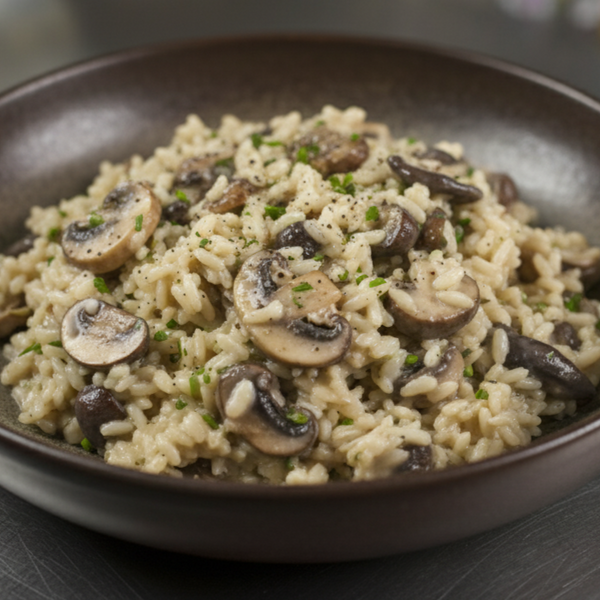 Sort hvidløgs-risotto med grillede svampe og ramsløgsolie