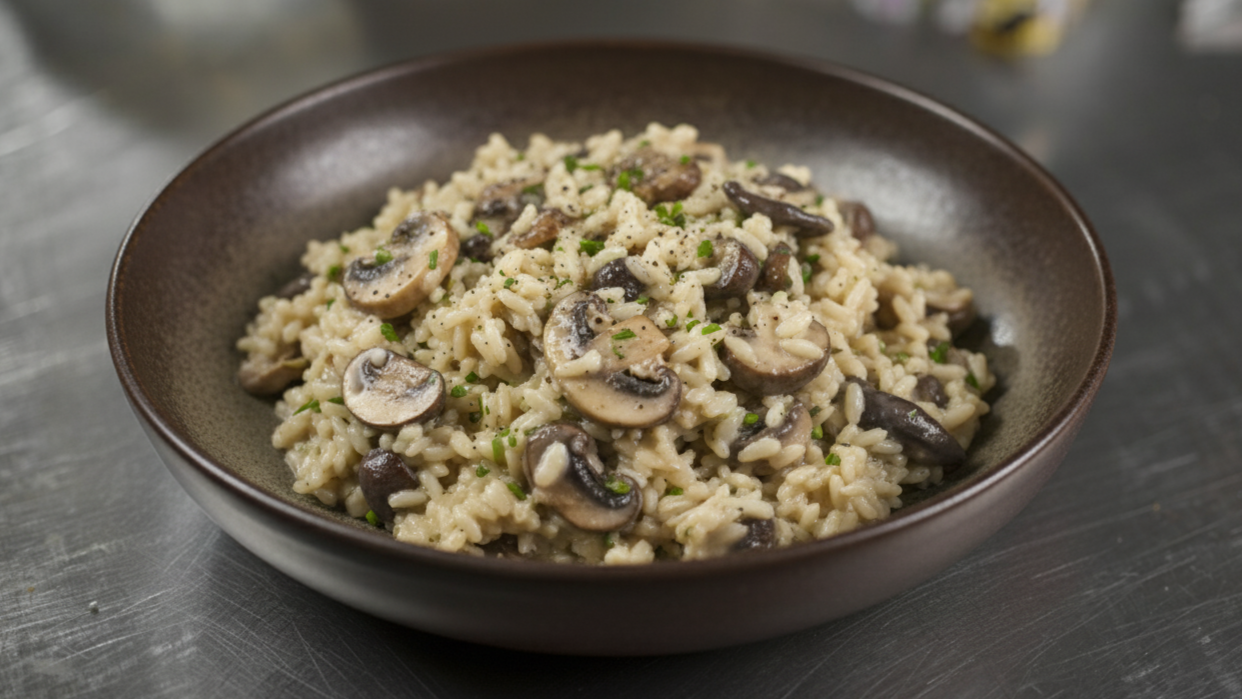 Sort hvidløgs-risotto med grillede svampe og ramsløgsolie