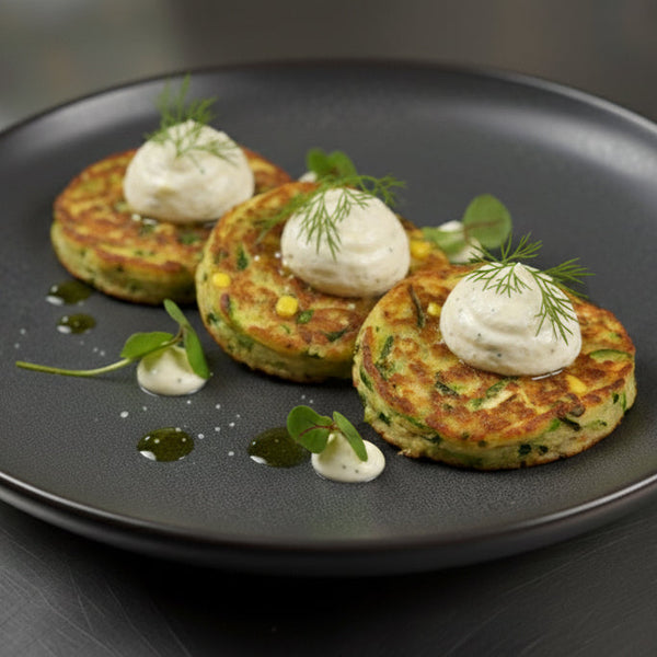 Sprøde grøntsagsblinis med syrlig urtesyre og rygeostcreme