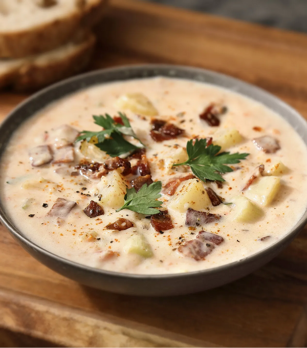 Kartoffelsuppe med ost og bacon