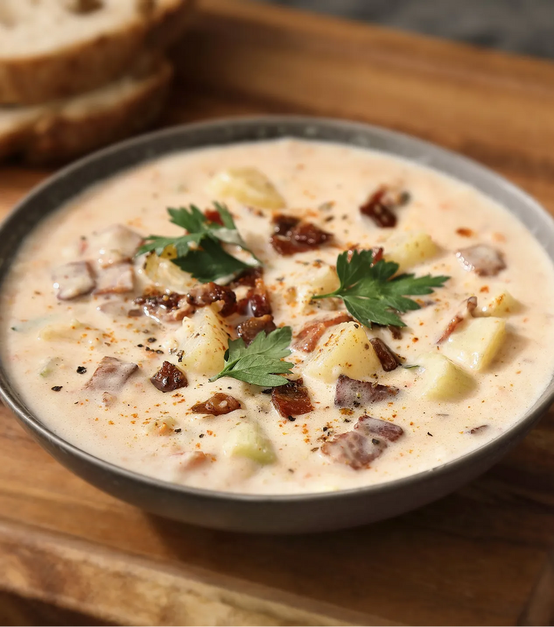Kartoffelsuppe med ost og bacon