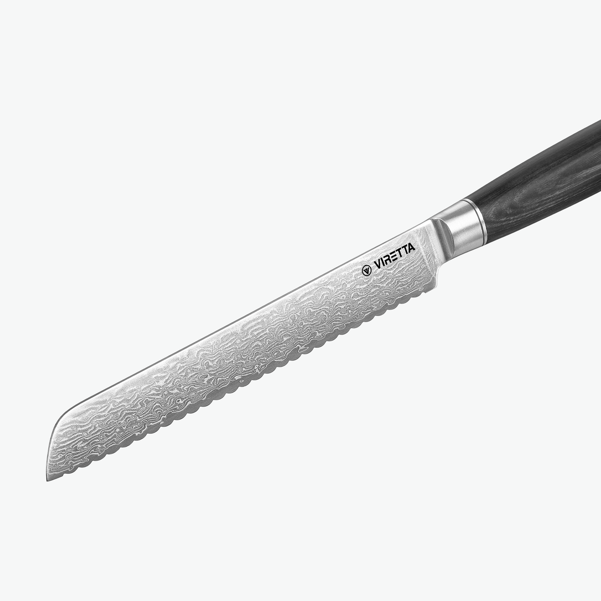 Damaskmønster på klingen af Shōjin Suna brødkniv, tæt på