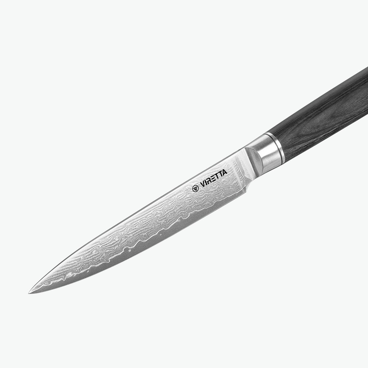 Damaskmønster på klingen af Shōjin Suna universalkniv, tæt på