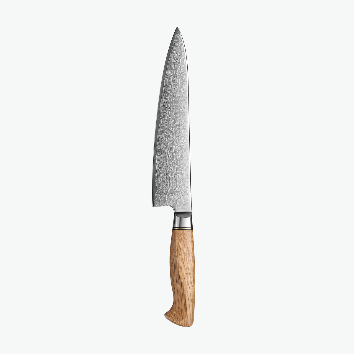 Shōjin Kaku gyuto med egetræsgreb set fra bagsiden