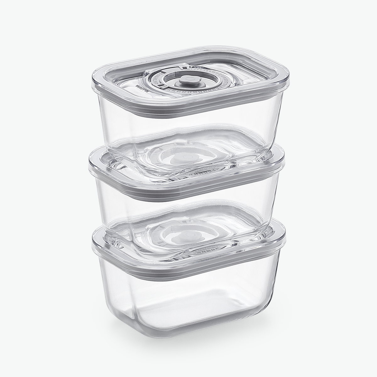 Tre ens vakuumbeholdere i glas på 500 ml, stablet og set skråt forfra