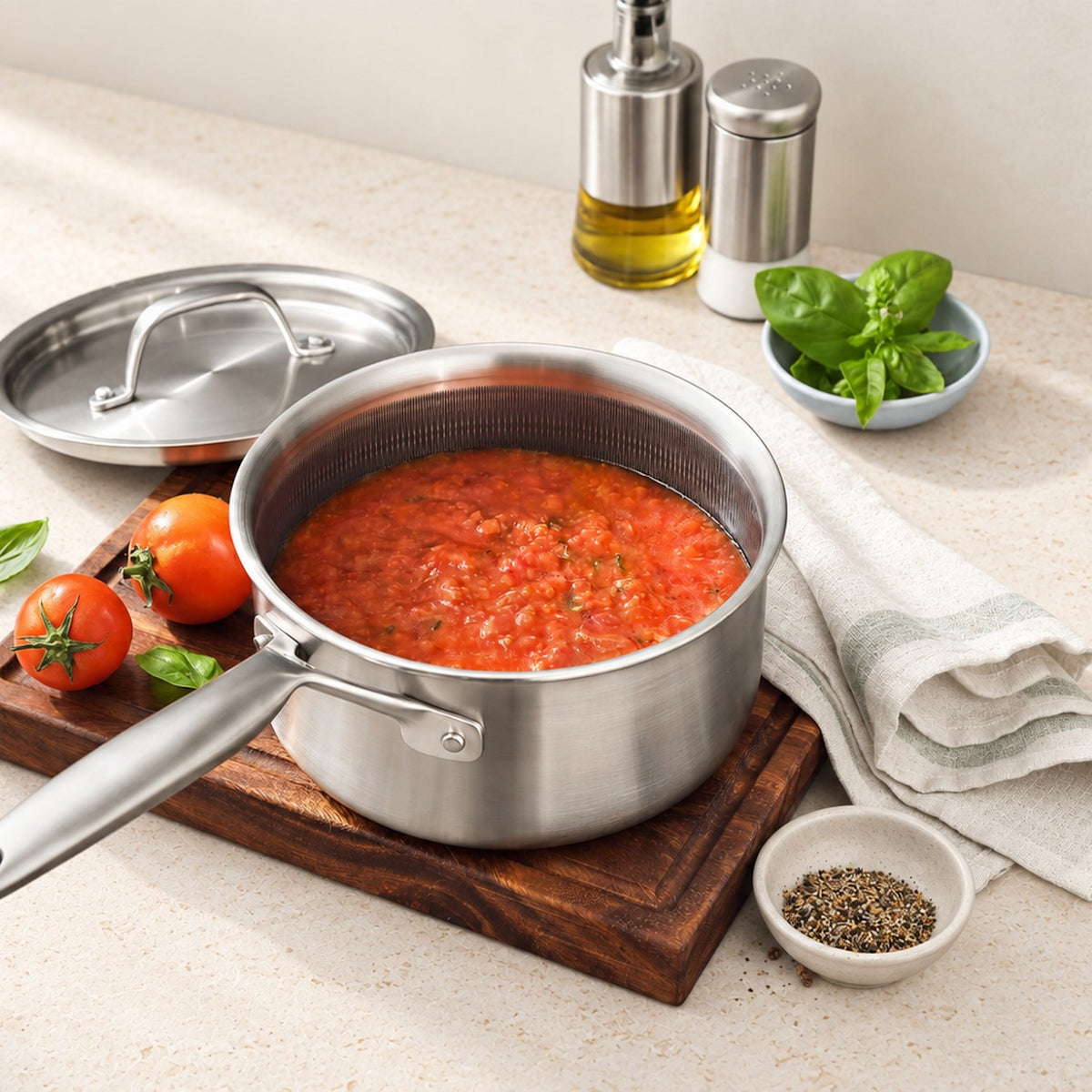 Tomatsauce i kasserolle i 3-Ply Hybrid på skærebræt, med låget i rustfrit stål ved siden af