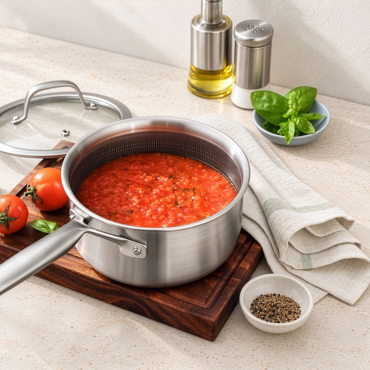 Tomatsauce i kasserolle i 3-Ply Hybrid på skærebræt, med glaslåget ved siden af