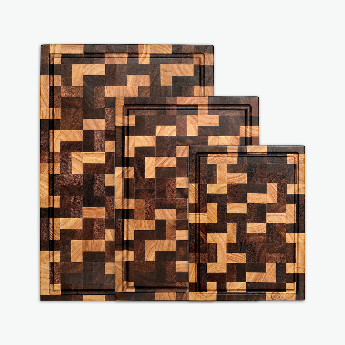 Sæt med tre endetræsskærebrætter, set ovenfra