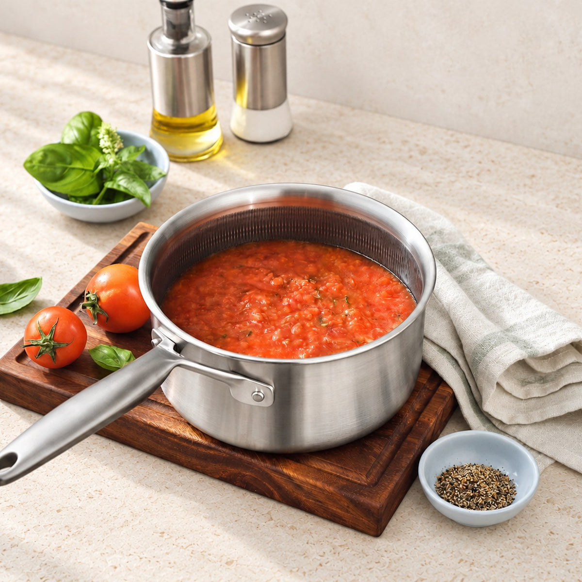 Tomatsauce i kasserolle i 3-Ply Hybrid på skærebræt