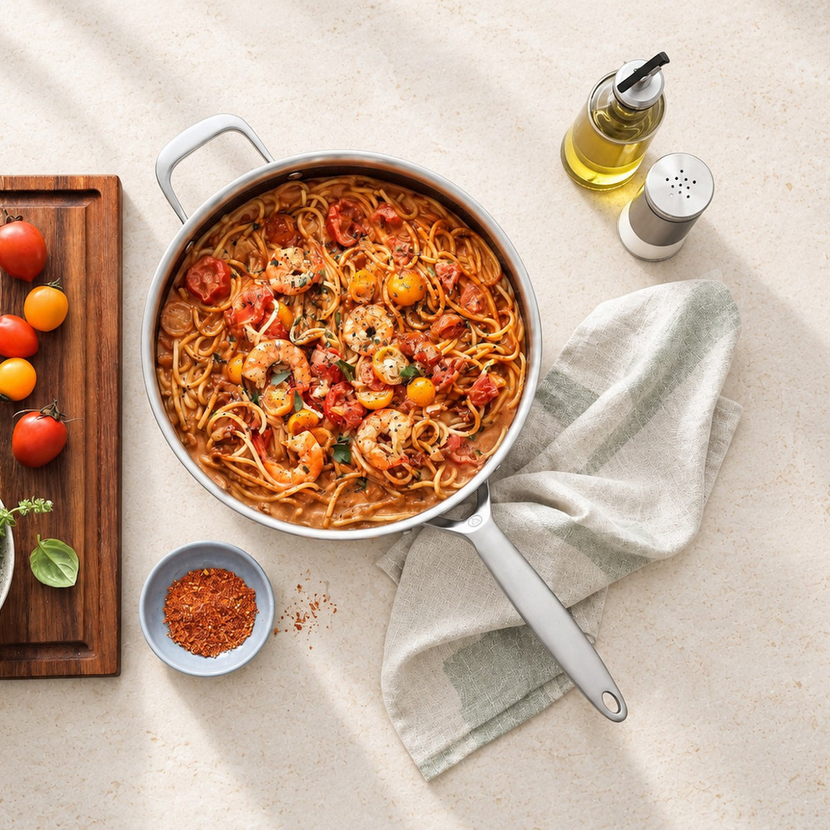 Spaghetti med rejer og tomat i sauterpande i 3-Ply Hybrid, set ovenfra