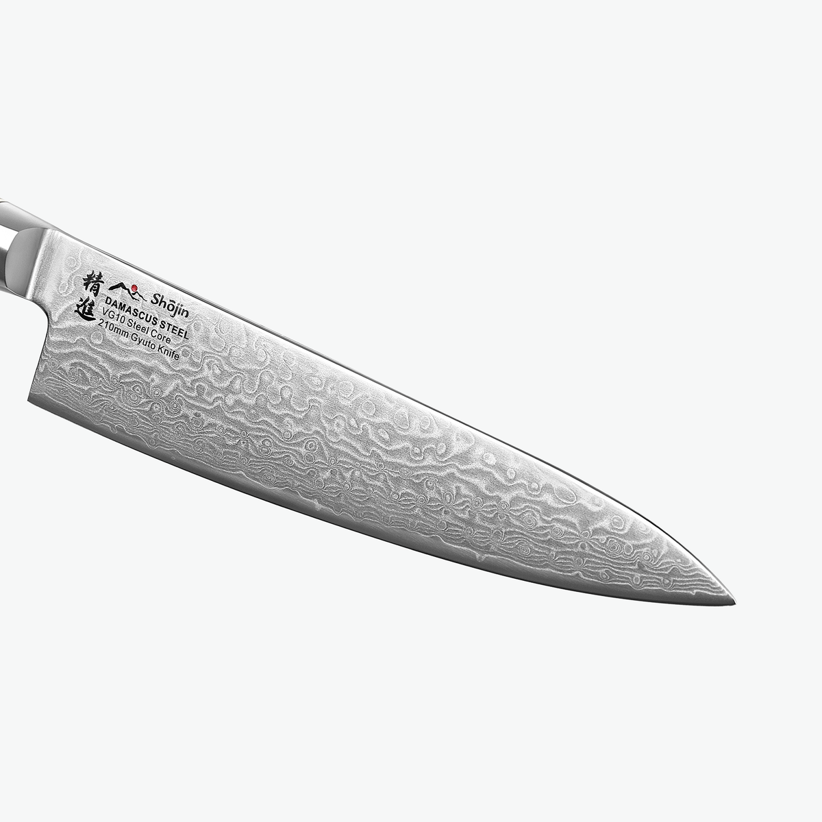 Damaskmønster på klingen af Shōjin Kaku gyuto, tæt på