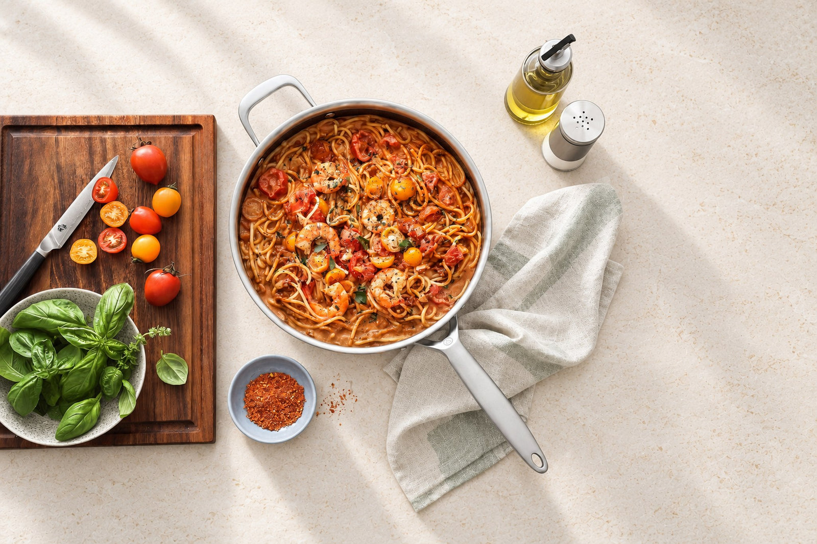 Sauterpande i 3-Ply Hybrid med spaghetti, rejer og tomat på lys sten